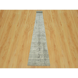 2'6"x26' Owl Gray, Hand Knotted, Cut and Loop Pile, Modern Design, Hand Spun Undyed 100% Wool, XL Runner Oriental Rug FWR542508