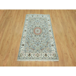 4'x6'2" Glacier Gray with Sand Dollar Border, Hand Knotted Nain with Center Medallion Flower Design, Soft Wool, Oriental Rug FWR542598