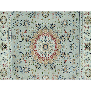 4'x6'2" Glacier Gray with Sand Dollar Border, Hand Knotted Nain with Center Medallion Flower Design, Soft Wool, Oriental Rug FWR542598