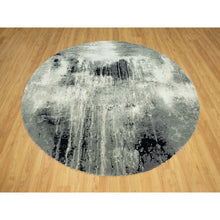 Load image into Gallery viewer, 8&#39;x8&#39; Ebony Black with Shades of Retro White, Abstract Design, Wool and Silk, Hand Knotted, Soft to Touch, Round Oriental Rug FWR542724