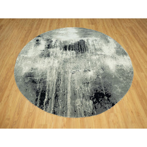 8'x8' Ebony Black with Shades of Retro White, Abstract Design, Wool and Silk, Hand Knotted, Soft to Touch, Round Oriental Rug FWR542724