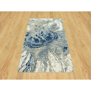 4'x6' Uranian Blue with Kensington Gray, Wool and Silk, Abstract Galaxy Design with Hi and low Pile, Hand Knotted, Oriental Rug FWR542754