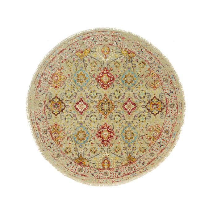 6'x6' Sandcastle Beige, The Sunset Rosettes with Soft Colors, Wool and Silk, Hand Knotted, Round Oriental Rug FWR542784