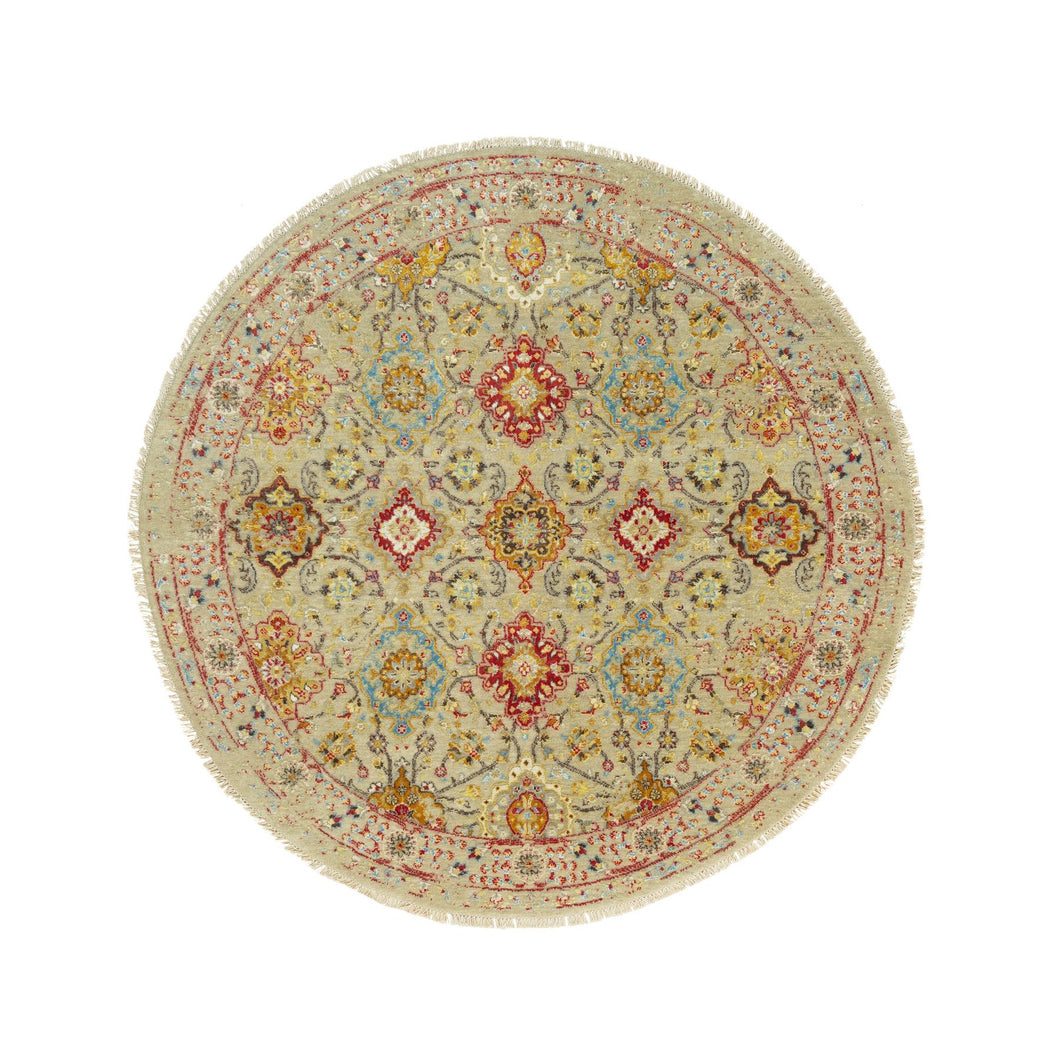 6'x6' Sandcastle Beige, The Sunset Rosettes with Soft Colors, Wool and Silk, Hand Knotted, Round Oriental Rug FWR542784