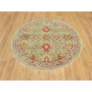 6'x6' Sandcastle Beige, The Sunset Rosettes with Soft Colors, Wool and Silk, Hand Knotted, Round Oriental Rug FWR542784