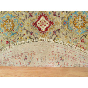 6'x6' Sandcastle Beige, The Sunset Rosettes with Soft Colors, Wool and Silk, Hand Knotted, Round Oriental Rug FWR542784