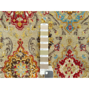 6'x6' Sandcastle Beige, The Sunset Rosettes with Soft Colors, Wool and Silk, Hand Knotted, Round Oriental Rug FWR542784