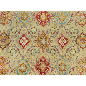 6'x6' Sandcastle Beige, The Sunset Rosettes with Soft Colors, Wool and Silk, Hand Knotted, Round Oriental Rug FWR542784