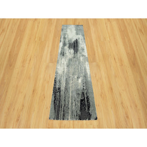 2'7"x10' Pitch Black with Delicate White, Soft to Touch Abstract Design, Wool and Silk, Hand Knotted, Runner Oriental Rug FWR542790