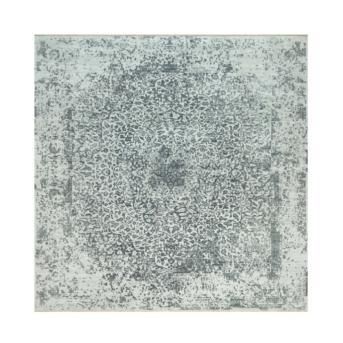 14'x14' Sea Salt Gray With Touches Of Foggy Day Gray, Hand Knotted , Broken and Erased Wool and Silk Persian Design, Oriental Square Rug FWR542862