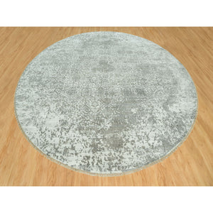 13'10"x13'10" Pale Smoke Gray, Persian Design, Soft to Touch, Denser Weave, Hand Knotted, Wool and Silk, Round Oriental Rug FWR542898