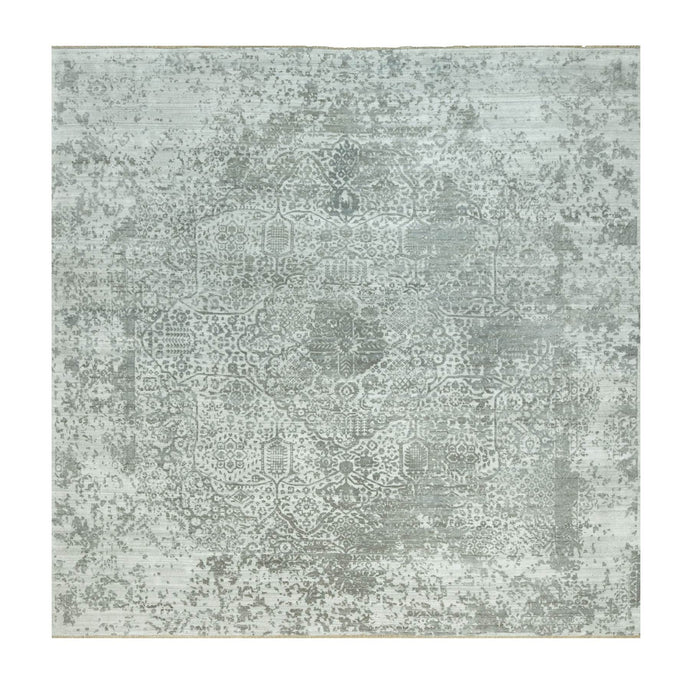 14'x14' Cloudburst Gray, Hand Knotted, Broken Wool and Silk Persian Design, Soft to Touch, Denser Weave, Square Oriental Rug FWR542904