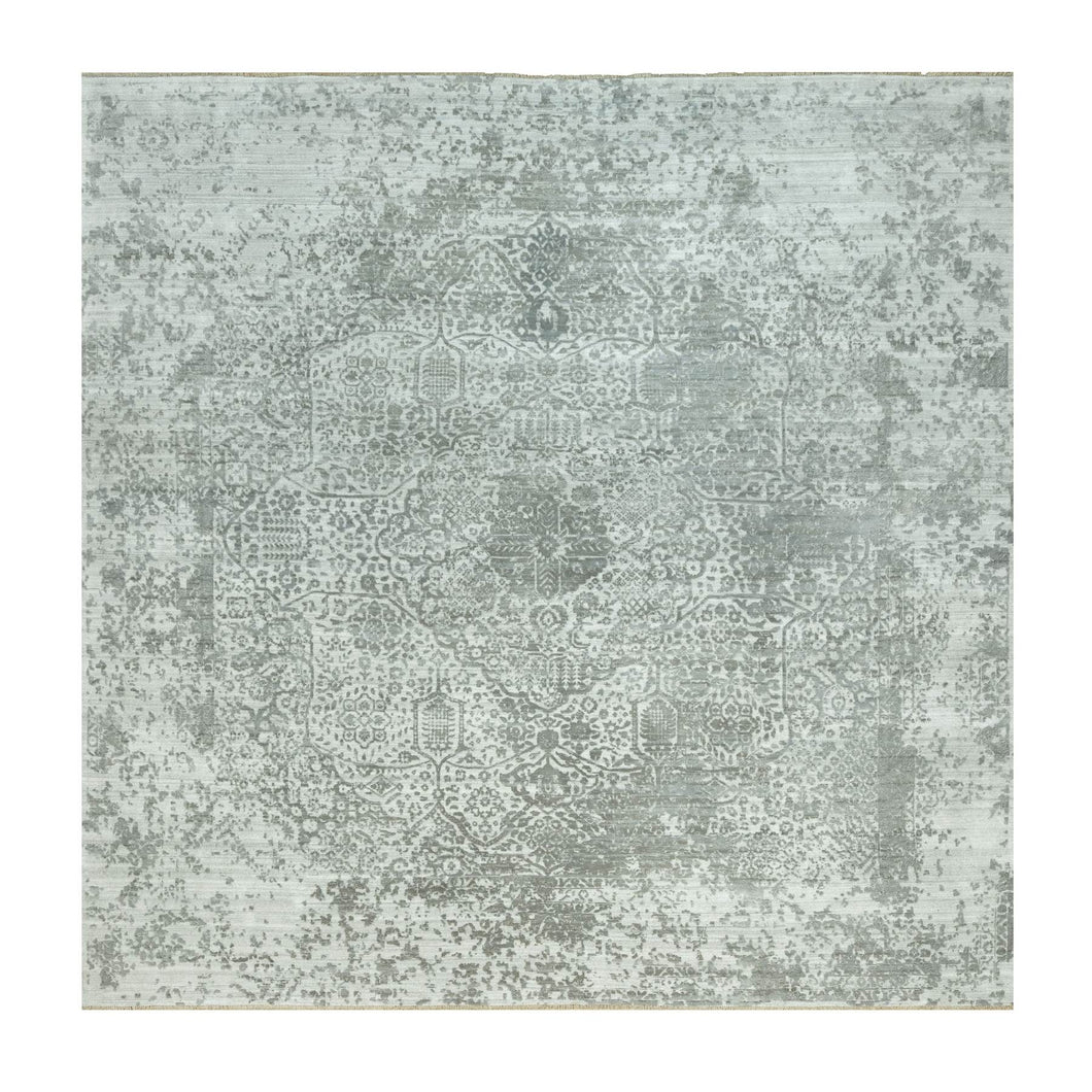 14'x14' Cloudburst Gray, Hand Knotted, Broken Wool and Silk Persian Design, Soft to Touch, Denser Weave, Square Oriental Rug FWR542904