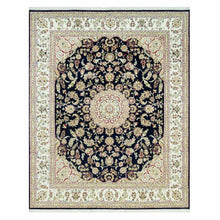 Load image into Gallery viewer, 7&#39;9&quot;x9&#39;9&quot; Dark Night Blue, Nain Organic Wool With Large Central Medallion Surrounded By Floral Design, Oriental 250 KPSI Hand Knotted Rug FWR542940