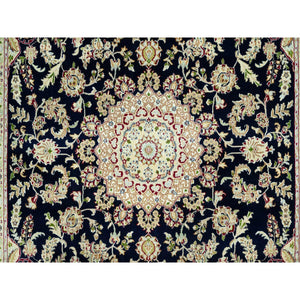 7'9"x9'9" Dark Night Blue, Nain Organic Wool With Large Central Medallion Surrounded By Floral Design, Oriental 250 KPSI Hand Knotted Rug FWR542940