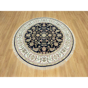 6'x6' Vulcan Blue, Ivory Border, 100% Wool, Hand Knotted 250 KPSI Densely Woven, Nain All Over Flower Design, Round Oriental Rug FWR542994