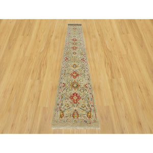 2'9"x18' Egg Nog Beige, Hand Knotted, Soft to Touch, Wool and Pure Silk, The Sunset Rosettes with Vibrant Colors, Runner Oriental Rug FWR543180