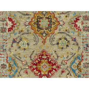 2'9"x18' Egg Nog Beige, Hand Knotted, Soft to Touch, Wool and Pure Silk, The Sunset Rosettes with Vibrant Colors, Runner Oriental Rug FWR543180