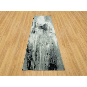 4'x10' Shadow Black with Parchment White, Hand Knotted, Soft to Touch Abstract Design, Wool and Silk, Wide Runner Oriental Rug FWR543282