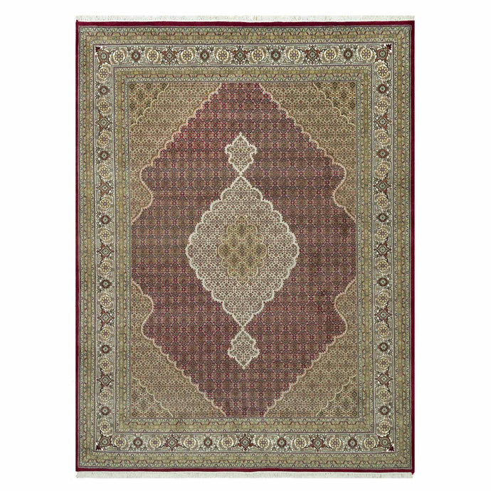 9'x12' Rasberry Red With Super White, Hand Knotted Tabriz Mahi, Denser Weave Fish Medallion Design, Extra Soft Wool, Oriental Rug FWR543492