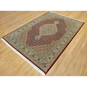 6'1"x9' Blazer Red, Tabriz Mahi Densely Woven With Fish Medallion Design, Velvety Wool, Hand Knotted Oriental Rug FWR543552