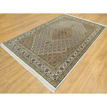 Load image into Gallery viewer, 5&#39;10&quot;x9&#39;1&quot; Panda White, Fish Tabriz Mahi Design, 100% Shiny Wool, Hand Knotted, Oriental Densely Woven Rug FWR543564