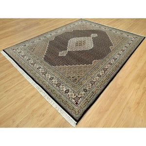 7'10"x10'2" Inkwell Black, Mahi Tabriz With Fish Medallion Design, Hand Knotted Densely Woven, 100% Wool, Oriental Rug FWR543600