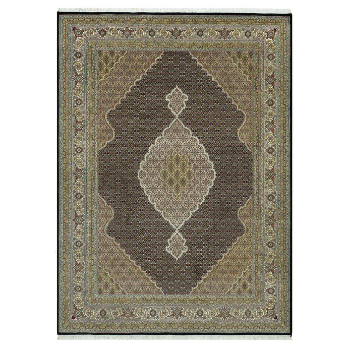 9'x12' Tricorn Black with Weathered White, Hand Knotted Soft Vibrant Wool, Tabriz Mahi Fish Design, Oriental Densely Woven Rug FWR543606