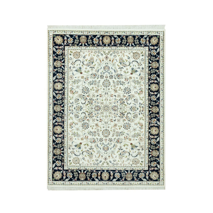 5'x7' Cloud White, Blue Border, 250 KPSI Hand Knotted Nain All Over Floral Motifs, Densely Woven Extra Soft Wool, Oriental Rug FWR543690