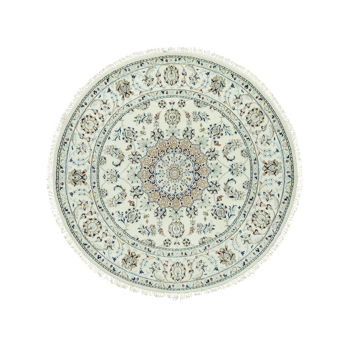 5'x5' Droplets White, Hand Knotted Nain With Center Medallion Floral Design, Denser Weave 250 KPSI, Soft Wool, Round Oriental Rug FWR543702