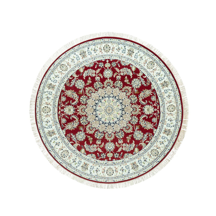 7'x7' Portia Red, Hand Knotted Nain with Center Medallion Flower Design, Densely Woven 250 KPSI, All Wool, Oriental Round Rug FWR543708