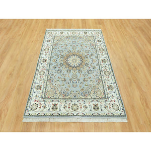 5'x6'9" Brittany Blue, Nain with Center Medallion Flower Design, 250 KPSI, Natural Wool, Hand Knotted, Denser Weave Oriental Rug FWR543720