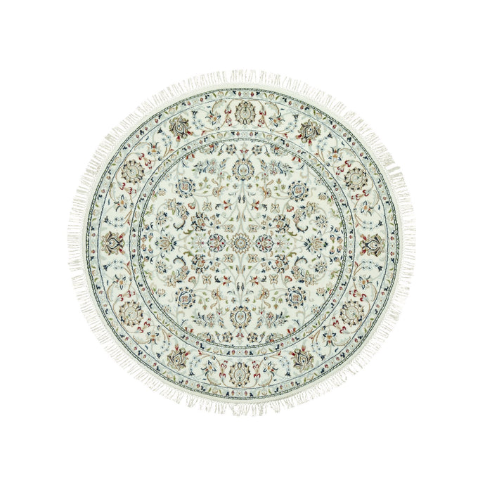 5'x5' Chantilly Lace White, All Over Floral Design Nain, Hand Knotted 250 KPSI, Organic Wool, Denser Weave Oriental Round Rug FWR543726