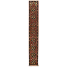 Load image into Gallery viewer, 2&#39;5&quot;x19&#39;10&quot; Brick Red With Night Sky Blue, Vegetable Dyes and Denser Weave, Antiqued Fine Heriz Re-Creation, Hand Knotted, Soft Vibrant Wool, Oriental XL Runner Rug FWR543900