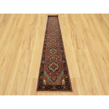 Load image into Gallery viewer, 2&#39;5&quot;x19&#39;10&quot; Brick Red With Night Sky Blue, Vegetable Dyes and Denser Weave, Antiqued Fine Heriz Re-Creation, Hand Knotted, Soft Vibrant Wool, Oriental XL Runner Rug FWR543900