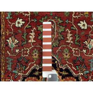 2'5"x19'10" Brick Red With Night Sky Blue, Vegetable Dyes and Denser Weave, Antiqued Fine Heriz Re-Creation, Hand Knotted, Soft Vibrant Wool, Oriental XL Runner Rug FWR543900