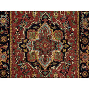 2'5"x19'10" Brick Red With Night Sky Blue, Vegetable Dyes and Denser Weave, Antiqued Fine Heriz Re-Creation, Hand Knotted, Soft Vibrant Wool, Oriental XL Runner Rug FWR543900