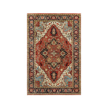 Load image into Gallery viewer, 4&#39;1&quot;x6&#39;2&quot; Aragon Red and Nocturne Blue Border, Densely Woven Antiqued Organic Wool, Fine Heriz, Re-Creation, Hand Knotted Soft and Plush, Vegetable Dyes, Oriental Rug FWR543912