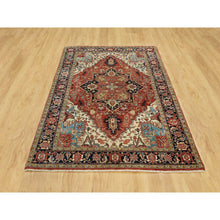 Load image into Gallery viewer, 4&#39;1&quot;x6&#39;2&quot; Aragon Red and Nocturne Blue Border, Densely Woven Antiqued Organic Wool, Fine Heriz, Re-Creation, Hand Knotted Soft and Plush, Vegetable Dyes, Oriental Rug FWR543912