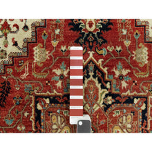 Load image into Gallery viewer, 4&#39;1&quot;x6&#39;2&quot; Aragon Red and Nocturne Blue Border, Densely Woven Antiqued Organic Wool, Fine Heriz, Re-Creation, Hand Knotted Soft and Plush, Vegetable Dyes, Oriental Rug FWR543912