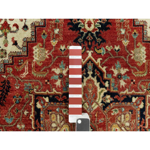 4'1"x6'2" Aragon Red and Nocturne Blue Border, Densely Woven Antiqued Organic Wool, Fine Heriz, Re-Creation, Hand Knotted Soft and Plush, Vegetable Dyes, Oriental Rug FWR543912