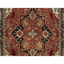 Load image into Gallery viewer, 4&#39;1&quot;x6&#39;2&quot; Aragon Red and Nocturne Blue Border, Densely Woven Antiqued Organic Wool, Fine Heriz, Re-Creation, Hand Knotted Soft and Plush, Vegetable Dyes, Oriental Rug FWR543912