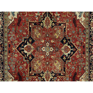 4'1"x6'2" Aragon Red and Nocturne Blue Border, Densely Woven Antiqued Organic Wool, Fine Heriz, Re-Creation, Hand Knotted Soft and Plush, Vegetable Dyes, Oriental Rug FWR543912