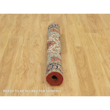 Load image into Gallery viewer, 4&#39;1&quot;x6&#39;2&quot; Aragon Red and Nocturne Blue Border, Densely Woven Antiqued Organic Wool, Fine Heriz, Re-Creation, Hand Knotted Soft and Plush, Vegetable Dyes, Oriental Rug FWR543912