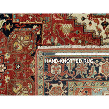 Load image into Gallery viewer, 4&#39;1&quot;x6&#39;2&quot; Aragon Red and Nocturne Blue Border, Densely Woven Antiqued Organic Wool, Fine Heriz, Re-Creation, Hand Knotted Soft and Plush, Vegetable Dyes, Oriental Rug FWR543912