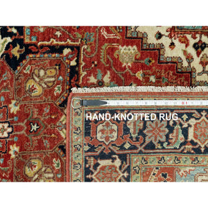 4'1"x6'2" Aragon Red and Nocturne Blue Border, Densely Woven Antiqued Organic Wool, Fine Heriz, Re-Creation, Hand Knotted Soft and Plush, Vegetable Dyes, Oriental Rug FWR543912