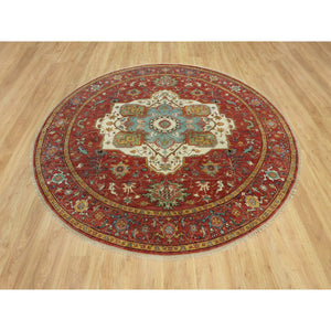 8'x8' Bolero Red, Hand Knotted Natural Dyes, Densely Woven, Antiqued Velvety Wool, Fine Heriz Re-Creation, Soft Pile, Round Oriental Rug FWR543942