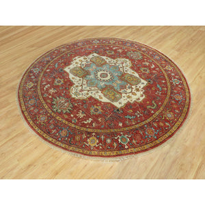 8'x8' Bolero Red, Hand Knotted Natural Dyes, Densely Woven, Antiqued Velvety Wool, Fine Heriz Re-Creation, Soft Pile, Round Oriental Rug FWR543942