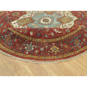 8'x8' Bolero Red, Hand Knotted Natural Dyes, Densely Woven, Antiqued Velvety Wool, Fine Heriz Re-Creation, Soft Pile, Round Oriental Rug FWR543942