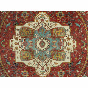 8'x8' Bolero Red, Hand Knotted Natural Dyes, Densely Woven, Antiqued Velvety Wool, Fine Heriz Re-Creation, Soft Pile, Round Oriental Rug FWR543942